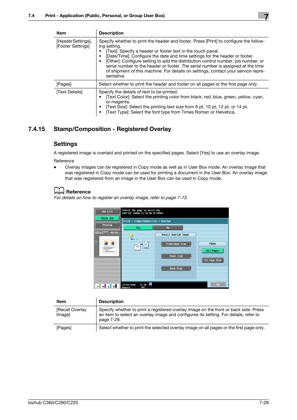 15 stamp/composition - registered overlay, Settings, Y] (p. 7-28) | Lay] (p. 7-28, 15 stamp/composition - registered overlay settings | Konica Minolta BIZHUB C360 User Manual | Page 133 / 292