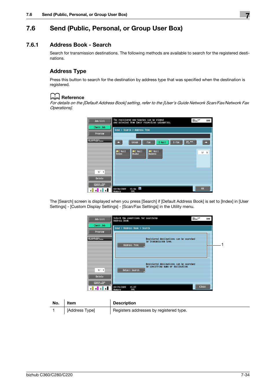 6 send (public, personal, or group user box), 1 address book - search, Address type | Send (public, personal, or group user box) -34, Address book - search -34 address type -34, Search] (p. 7-34), P. 7-34), Ions. (p. 7-34) | Konica Minolta BIZHUB C360 User Manual | Page 139 / 292