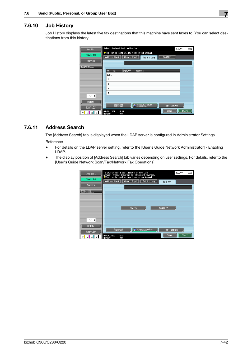 10 job history, 11 address search, Job history -42 | Address search -42, P. 7-42) | Konica Minolta BIZHUB C360 User Manual | Page 147 / 292