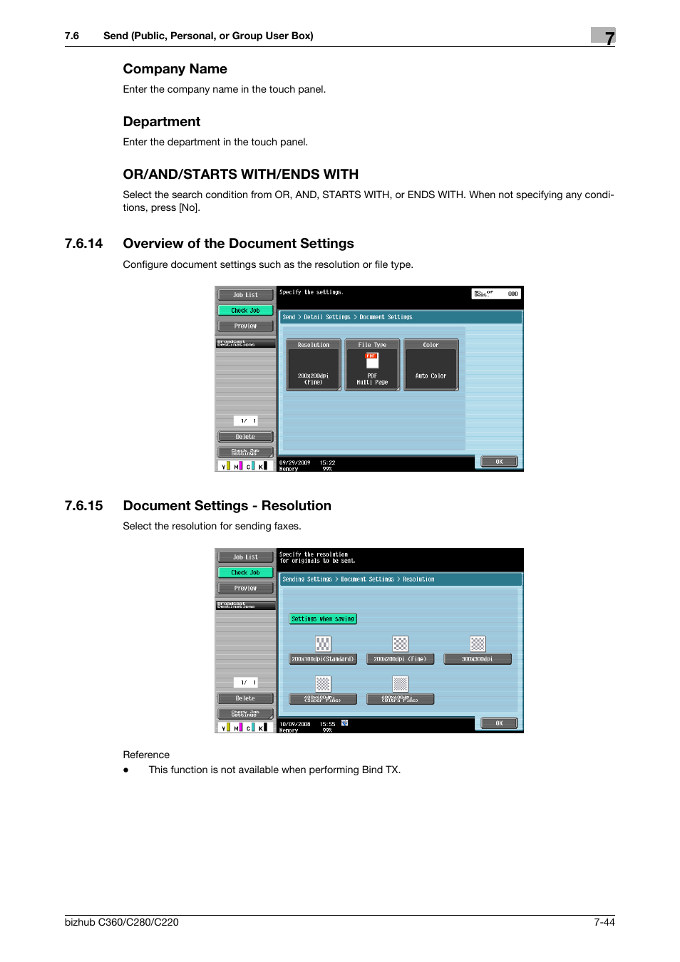 Company name, Department, Or/and/starts with/ends with | 14 overview of the document settings, 15 document settings - resolution, Overview of the document settings -44, Document settings - resolution -44, Ion] (p. 7-44, P. 7-44, S. (p. 7-44) | Konica Minolta BIZHUB C360 User Manual | Page 149 / 292