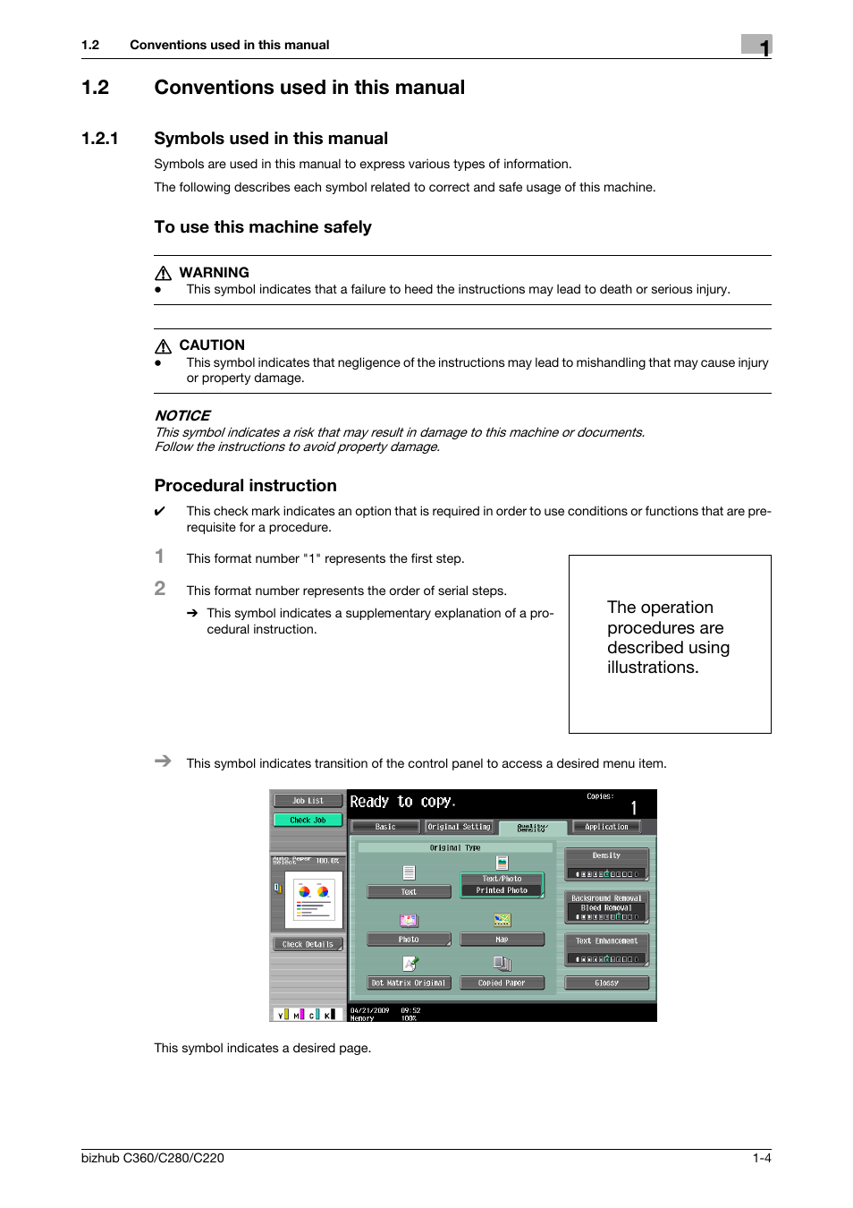 2 conventions used in this manual, 1 symbols used in this manual, To use this machine safely | Procedural instruction, Conventions used in this manual -4 | Konica Minolta BIZHUB C360 User Manual | Page 15 / 292