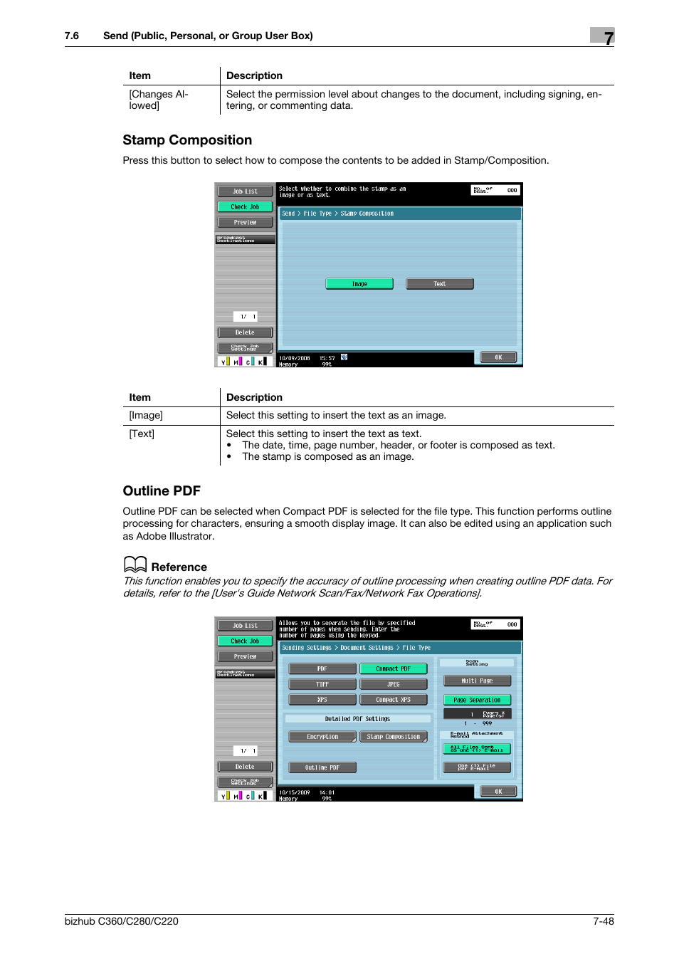 Stamp composition, Outline pdf, Stamp composition -48 outline pdf -48 | Tion] (p. 7-48, P. 7-48 | Konica Minolta BIZHUB C360 User Manual | Page 153 / 292