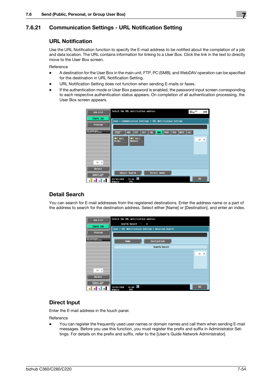 Url notification, Detail search, Direct input | P. 7-54), Ng] (p. 7-54) | Konica Minolta BIZHUB C360 User Manual | Page 159 / 292