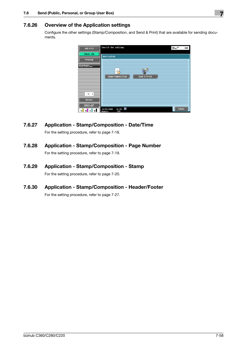 26 overview of the application settings, 27 application - stamp/composition - date/time, 29 application - stamp/composition - stamp | 30 application - stamp/composition - header/footer, Overview of the application settings -58, Application - stamp/composition - date/time -58, Application - stamp/composition - stamp -58 | Konica Minolta BIZHUB C360 User Manual | Page 163 / 292