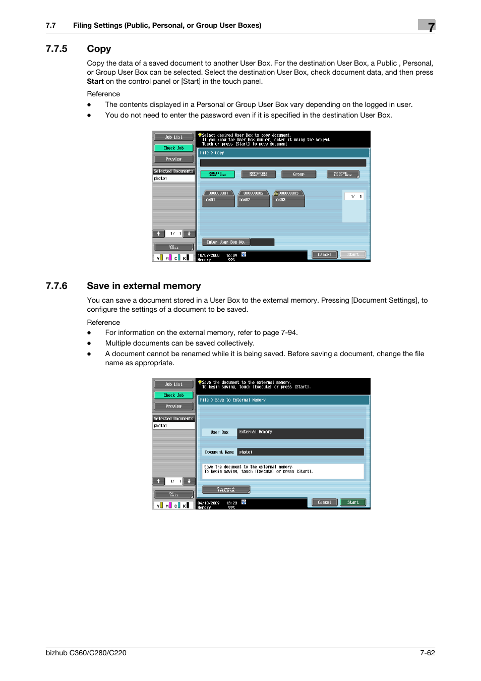 5 copy, 6 save in external memory, Copy -62 | Save in external memory -62, Copy] (p. 7-62), P. 7-62) | Konica Minolta BIZHUB C360 User Manual | Page 167 / 292