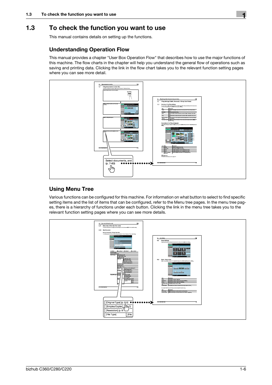 3 to check the function you want to use, Understanding operation flow, Using menu tree | Konica Minolta BIZHUB C360 User Manual | Page 17 / 292