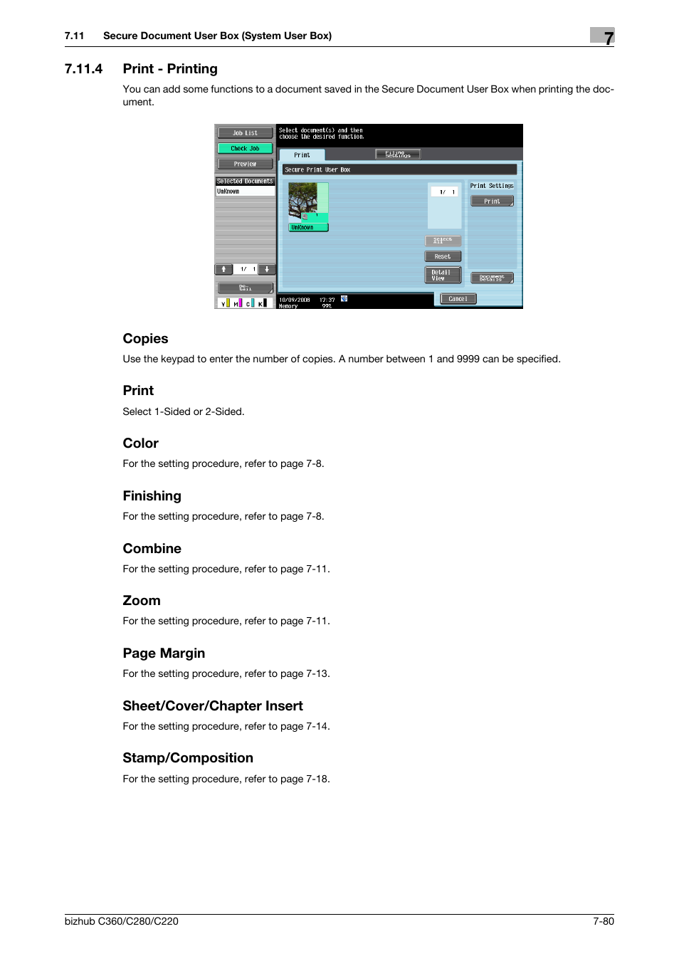 4 print - printing, Copies, Print | Color, Finishing, Combine, Zoom, Sheet/cover/chapter insert, Stamp/composition, P. 7-80) | Konica Minolta BIZHUB C360 User Manual | Page 185 / 292