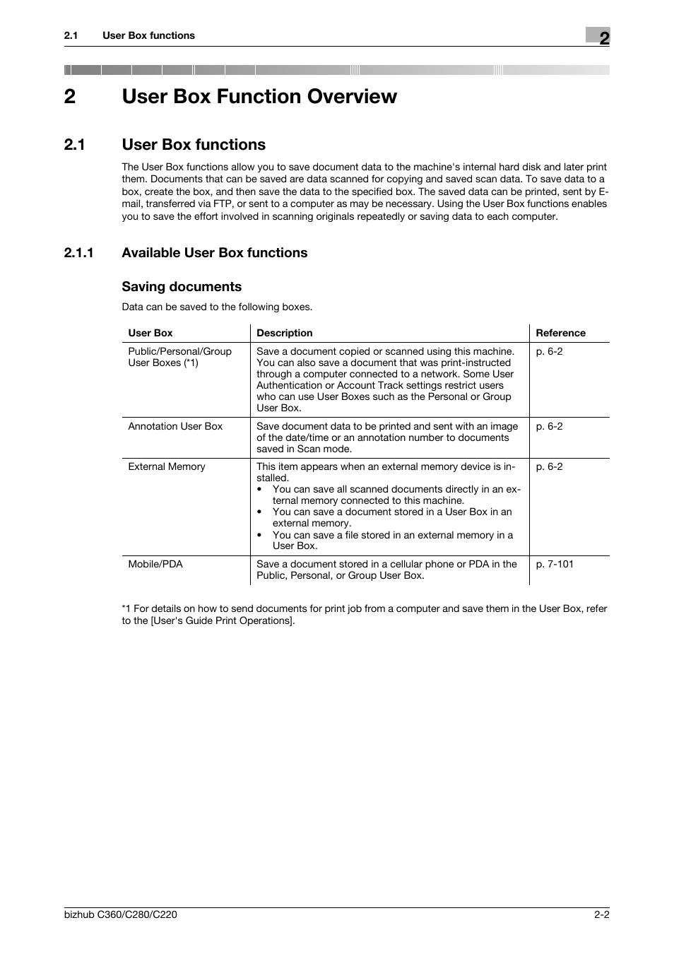 2 user box function overview, 1 user box functions, 1 available user box functions | Saving documents, User box function overview, User box functions -2, 2user box function overview | Konica Minolta BIZHUB C360 User Manual | Page 19 / 292