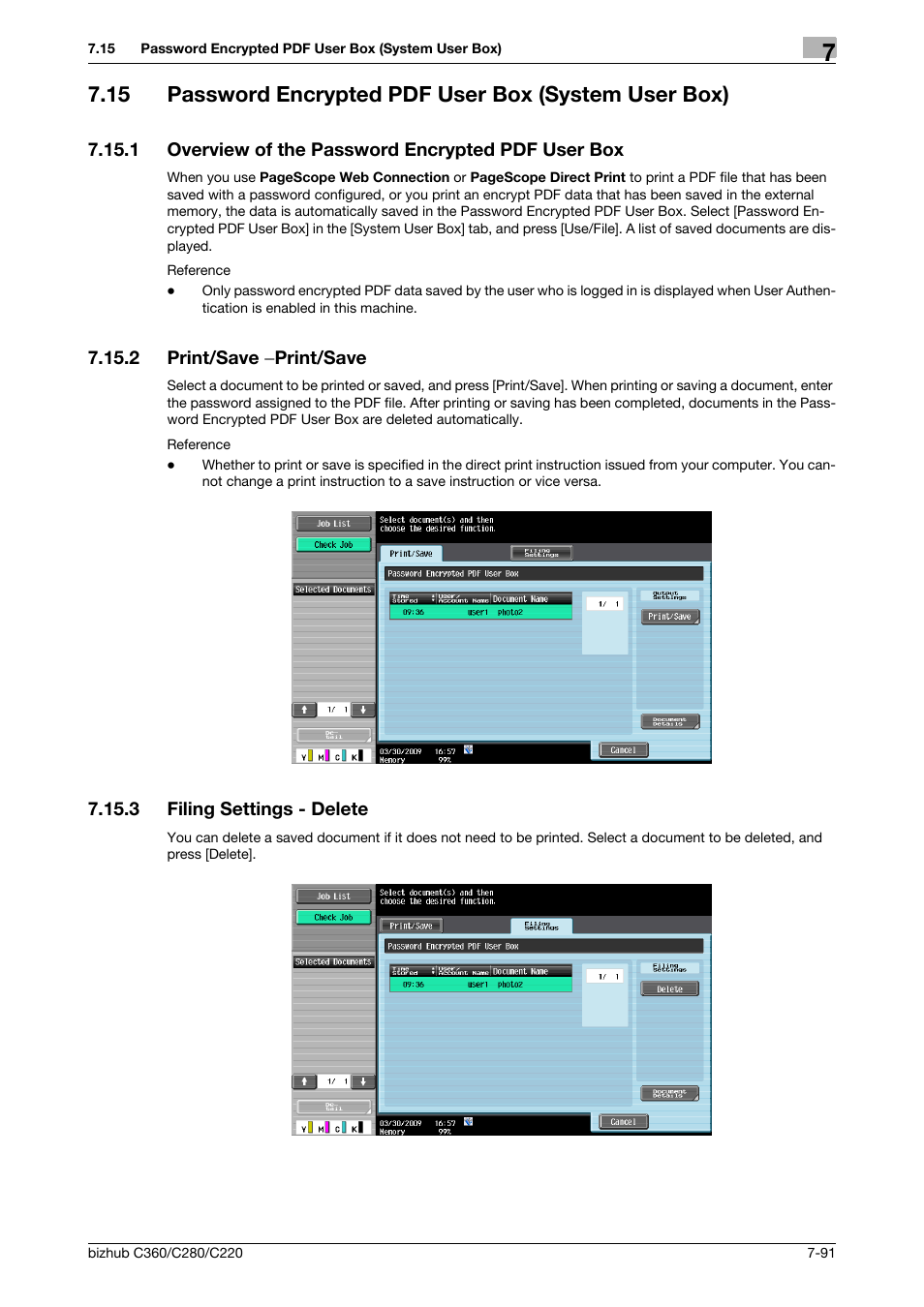 1 overview of the password encrypted pdf user box, 2 print/save -print/save, 3 filing settings - delete | Print/save, Print/save -91, Filing settings - delete -91, P. 7-91, Ave] (p. 7-91), E] (p. 7-91) | Konica Minolta BIZHUB C360 User Manual | Page 196 / 292