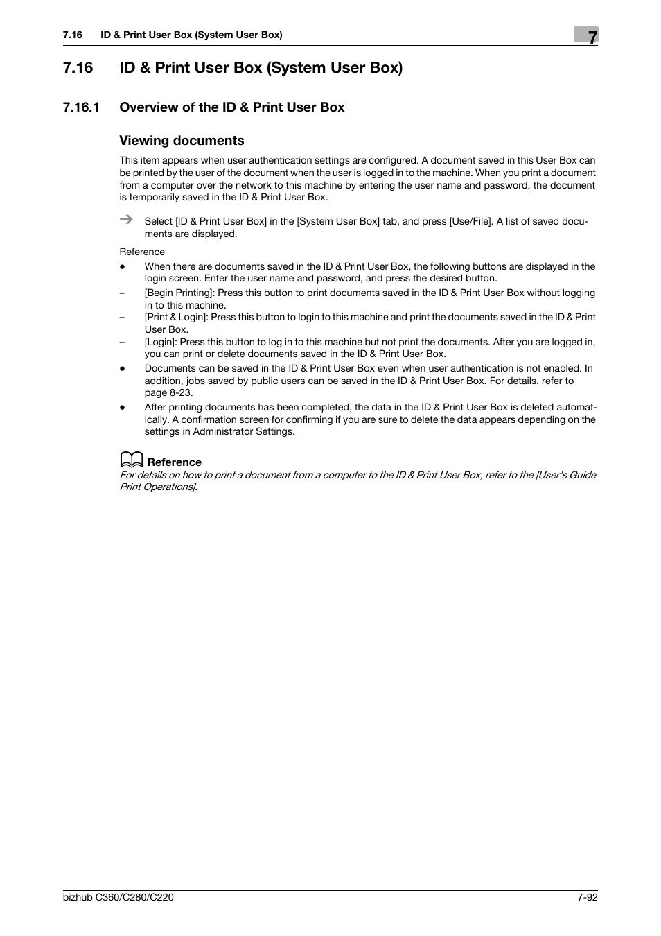 16 id & print user box (system user box), 1 overview of the id & print user box, Viewing documents | Id & print user box (system user box) -92, P. 7-92 | Konica Minolta BIZHUB C360 User Manual | Page 197 / 292