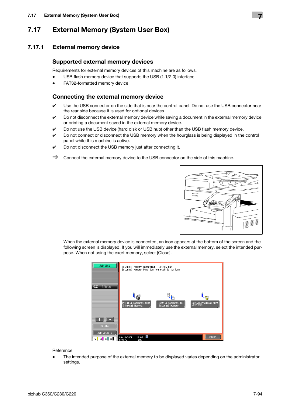 17 external memory (system user box), 1 external memory device, Supported external memory devices | Connecting the external memory device, External memory (system user box) -94, P. 7-94 | Konica Minolta BIZHUB C360 User Manual | Page 199 / 292