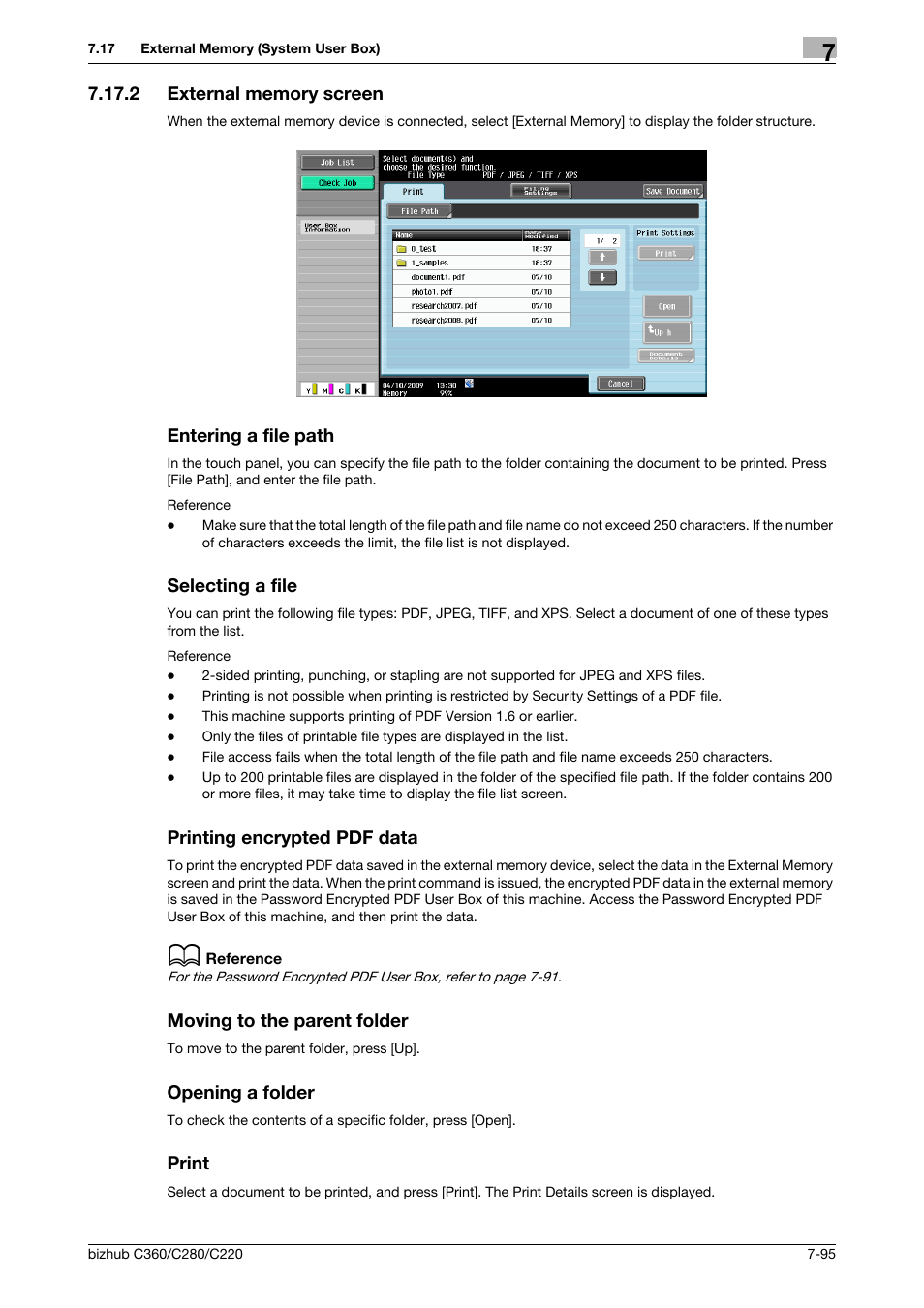 2 external memory screen, Entering a file path, Selecting a file | Printing encrypted pdf data, Moving to the parent folder, Opening a folder, Print | Konica Minolta BIZHUB C360 User Manual | Page 200 / 292