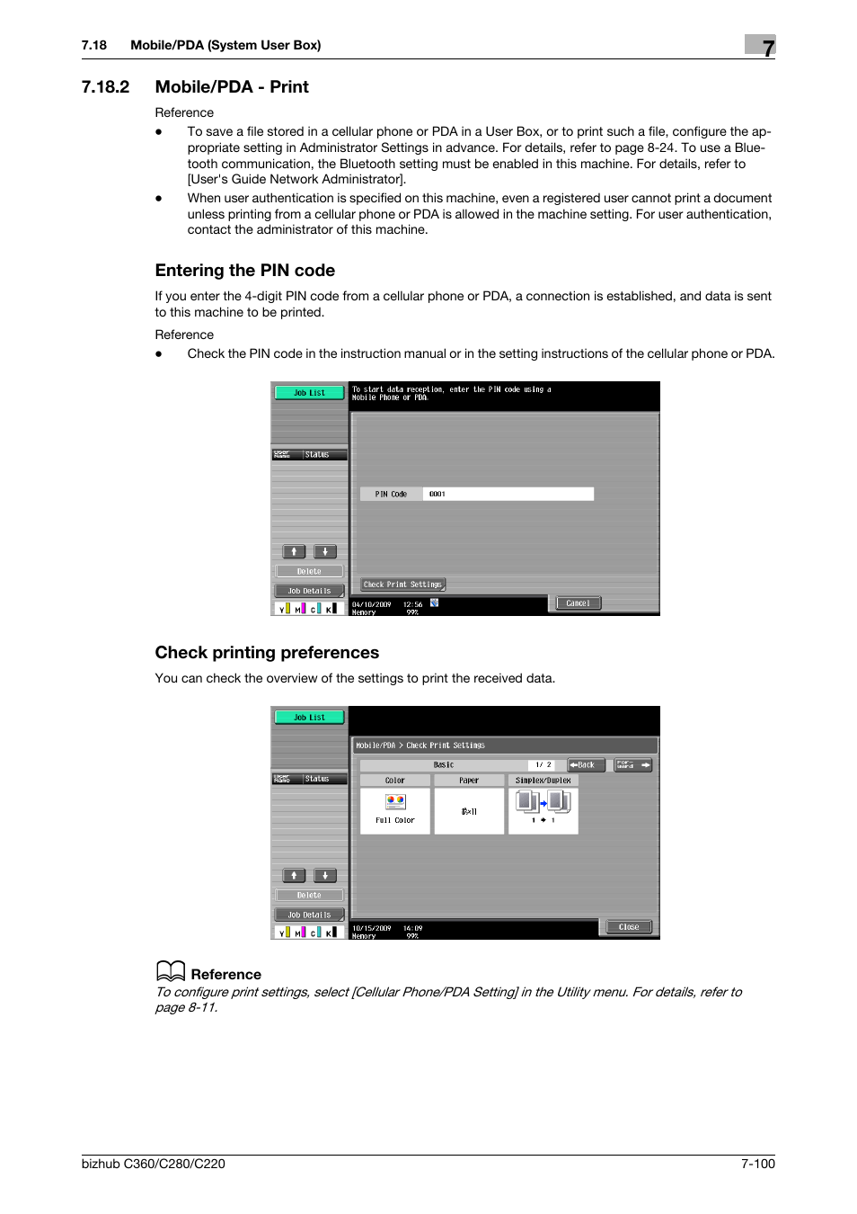 2 mobile/pda - print, Entering the pin code, Check printing preferences | Ings] (p. 7-100) | Konica Minolta BIZHUB C360 User Manual | Page 205 / 292