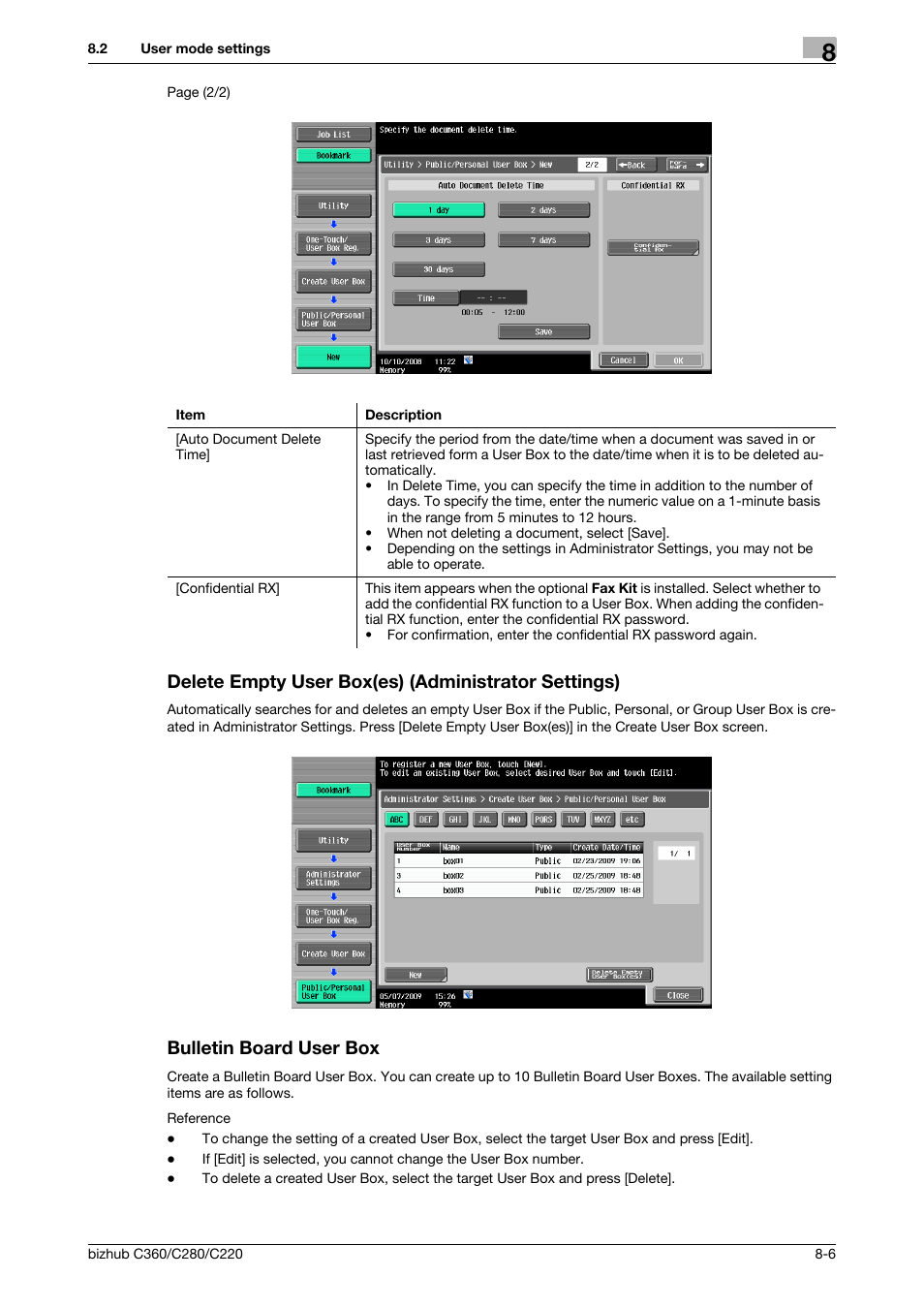 Delete empty user box(es) (administrator settings), Bulletin board user box, P. 8-6) | User box] (p. 8-6) | Konica Minolta BIZHUB C360 User Manual | Page 212 / 292