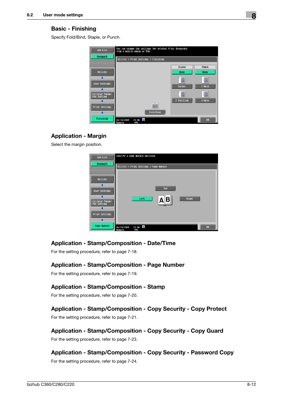 Basic - finishing, Application - margin, Application - stamp/composition - date/time | Application - stamp/composition - stamp | Konica Minolta BIZHUB C360 User Manual | Page 218 / 292