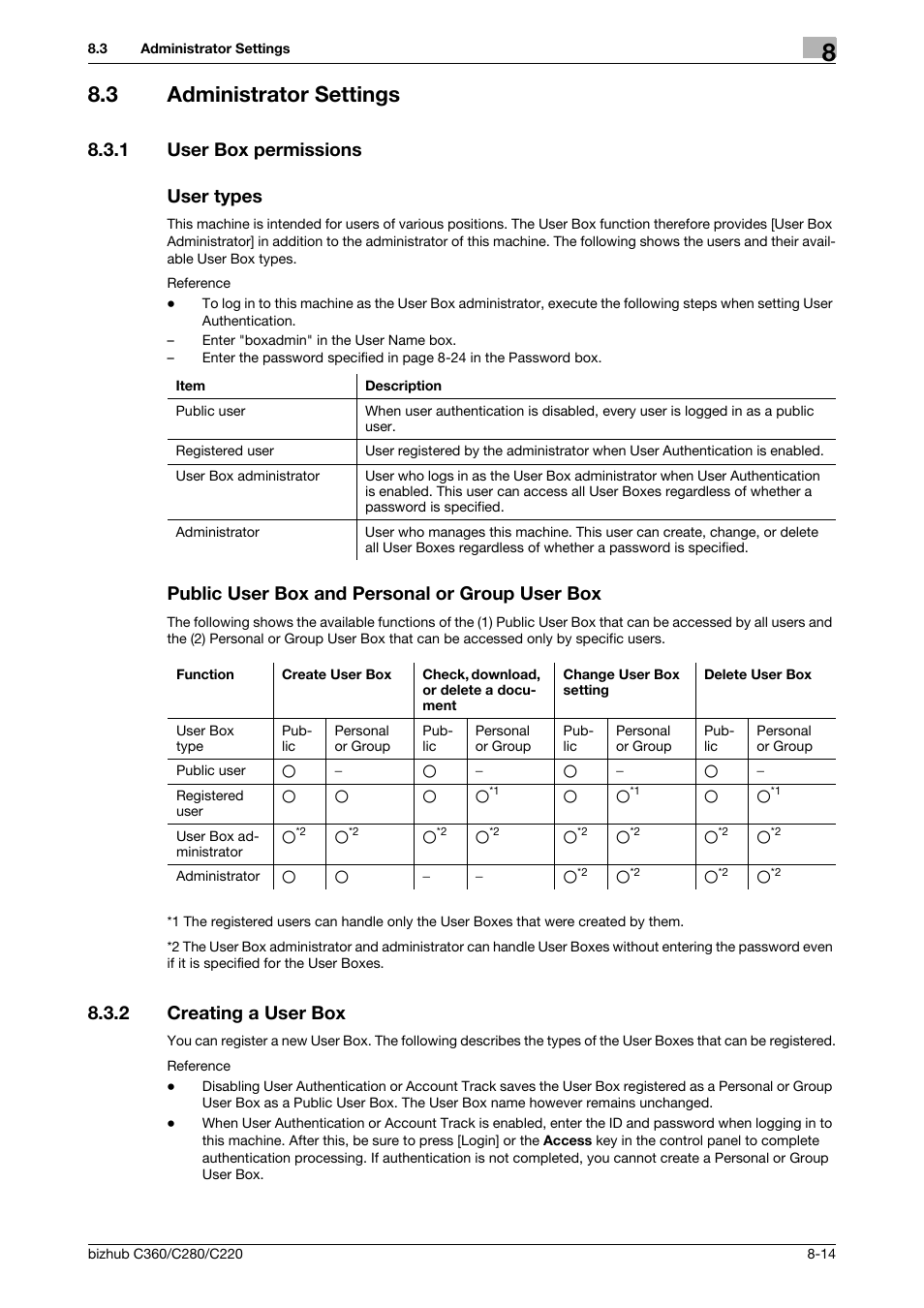 3 administrator settings, 1 user box permissions, User types | Public user box and personal or group user box, 2 creating a user box, Administrator settings -14, Creating a user box -14, Box] (p. 8-14), 1 user box permissions user types | Konica Minolta BIZHUB C360 User Manual | Page 220 / 292