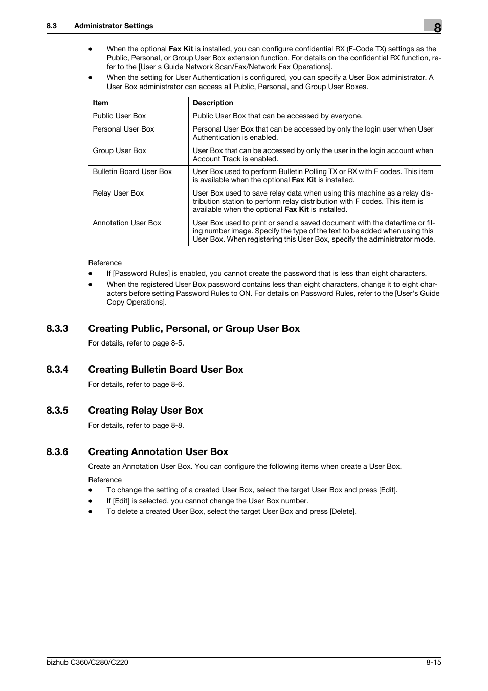 3 creating public, personal, or group user box, 4 creating bulletin board user box, 5 creating relay user box | 6 creating annotation user box, Creating public, personal, or group user box -15, Creating bulletin board user box -15, Creating relay user box -15, Creating annotation user box -15, P. 8-15) | Konica Minolta BIZHUB C360 User Manual | Page 221 / 292