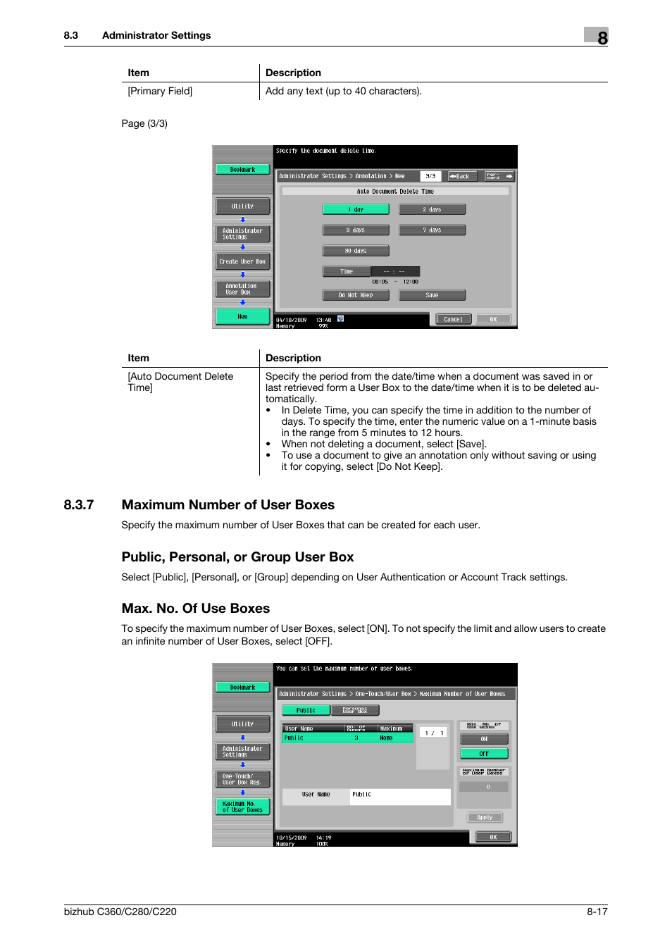 7 maximum number of user boxes, Public, personal, or group user box, Max. no. of use boxes | S] (p. 8-17) | Konica Minolta BIZHUB C360 User Manual | Page 223 / 292