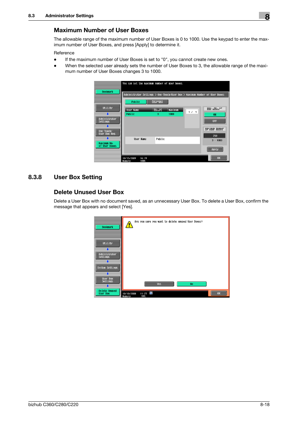 Maximum number of user boxes, 8 user box setting, Delete unused user box | Maximum number of user boxes -18, User box setting -18 delete unused user box -18, Tings] (p. 8-18), Box] (p. 8-18) | Konica Minolta BIZHUB C360 User Manual | Page 224 / 292