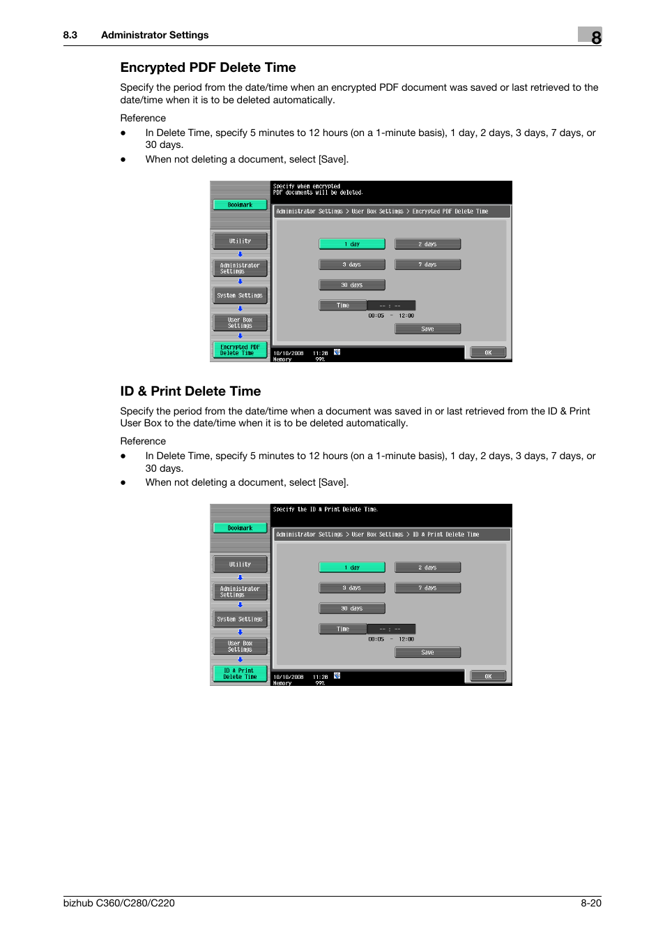 Encrypted pdf delete time, Id & print delete time, 4 [encrypted pdf delete time] (p. 8-20) | 5 [id & print delete time] (p. 8-20) | Konica Minolta BIZHUB C360 User Manual | Page 226 / 292