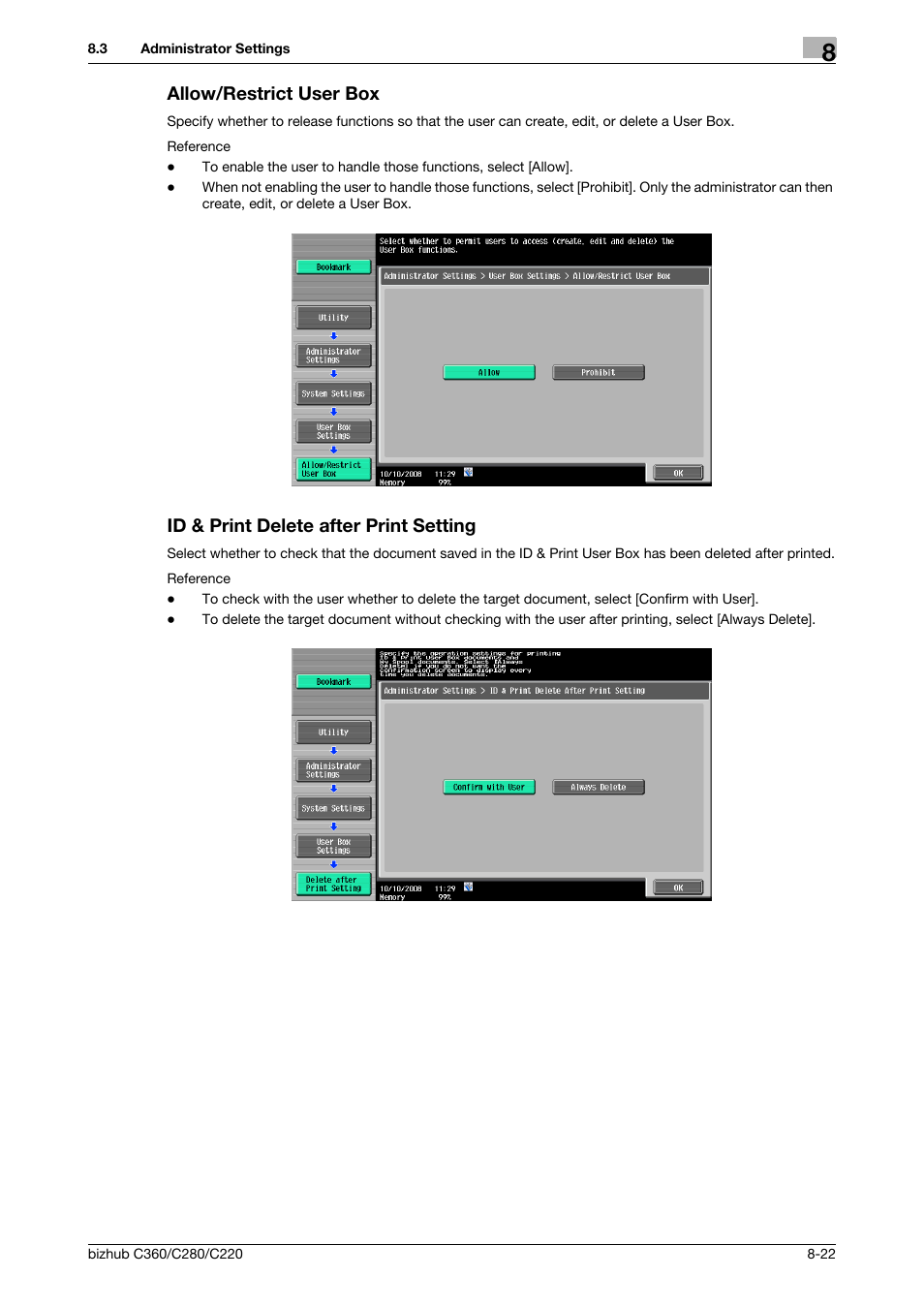 Allow/restrict user box, Id & print delete after print setting, P. 8-22) | Konica Minolta BIZHUB C360 User Manual | Page 228 / 292