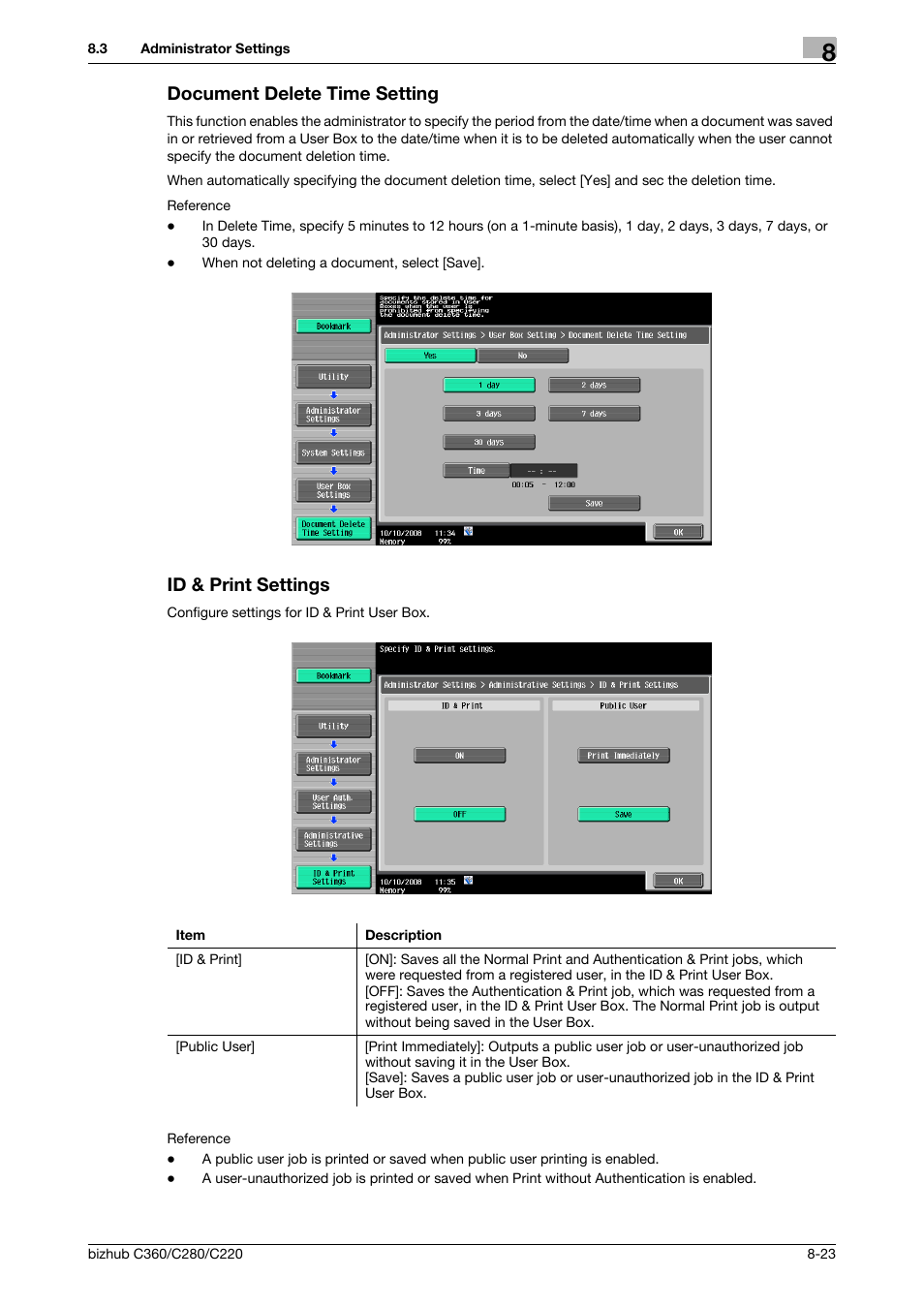 Document delete time setting, Id & print settings, P. 8-23) | Tings] (p. 8-23 | Konica Minolta BIZHUB C360 User Manual | Page 229 / 292