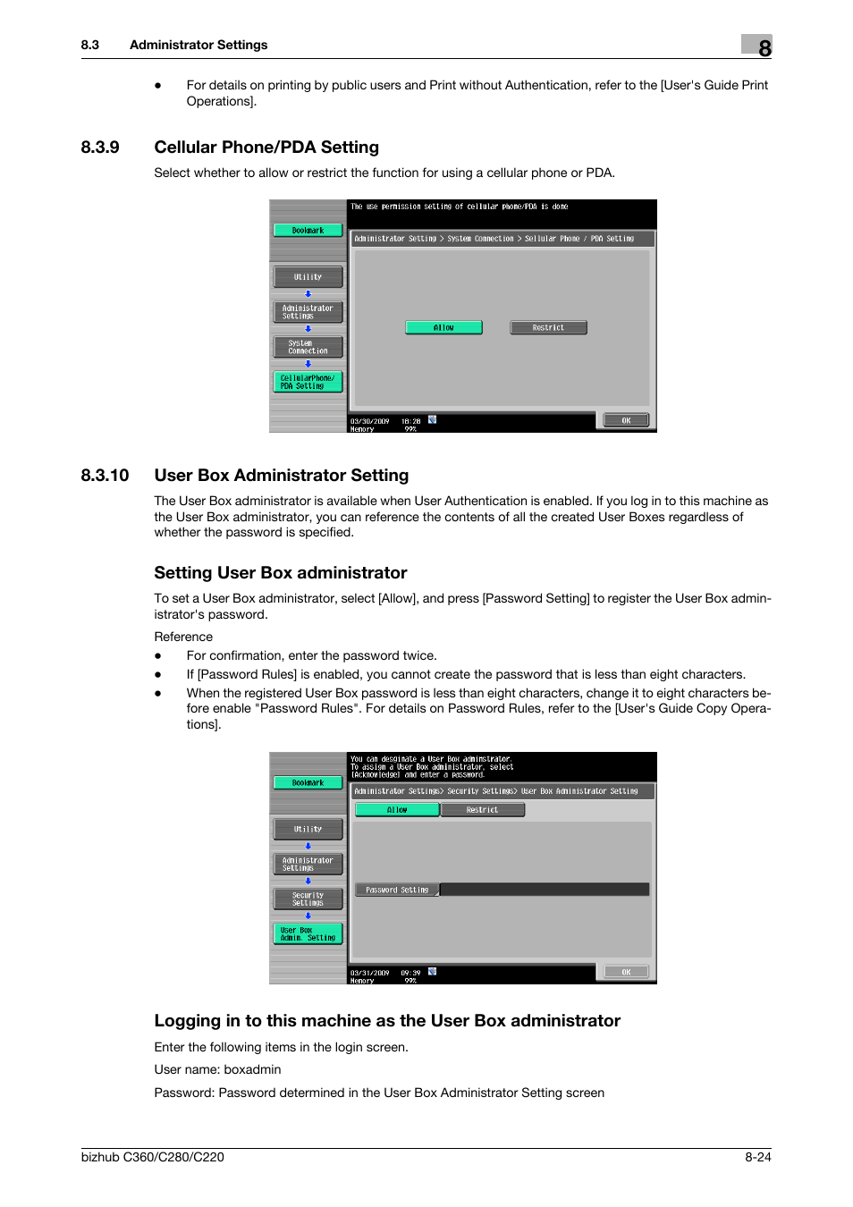 9 cellular phone/pda setting, 10 user box administrator setting, Setting user box administrator | Cellular phone/pda setting -24, P. 8-24), Administrator setting] (p. 8-24) | Konica Minolta BIZHUB C360 User Manual | Page 230 / 292