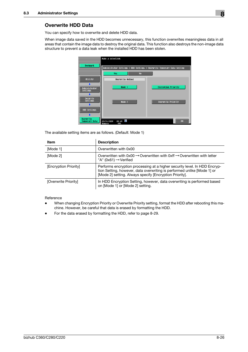 Overwrite hdd data, Overwrite hdd data -26, P. 8-26) | Konica Minolta BIZHUB C360 User Manual | Page 232 / 292