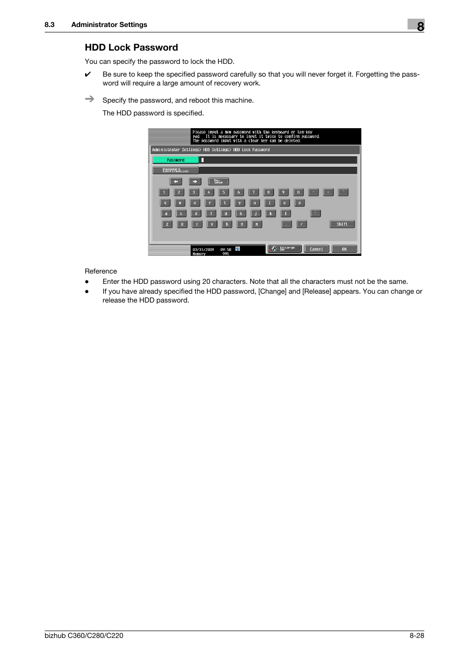 Hdd lock password, Hdd lock password -28, Lock password] (p. 8-28 | Konica Minolta BIZHUB C360 User Manual | Page 234 / 292