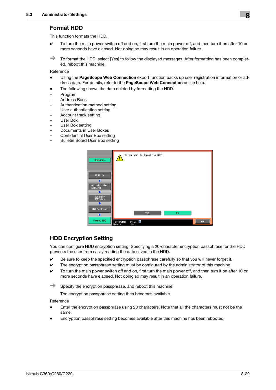 Format hdd, Hdd encryption setting, Format hdd -29 hdd encryption setting -29 | P. 8-29), Ing] (p. 8-29) | Konica Minolta BIZHUB C360 User Manual | Page 235 / 292