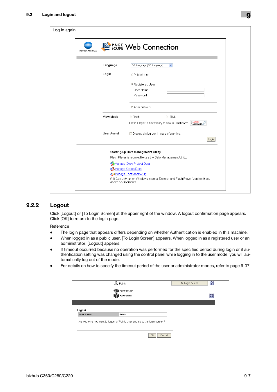 2 logout, Logout -7 | Konica Minolta BIZHUB C360 User Manual | Page 243 / 292