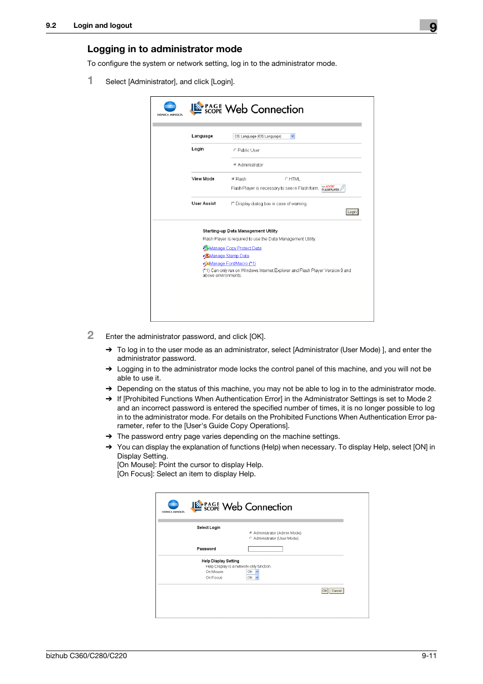 Logging in to administrator mode, Logging in to administrator mode -11 | Konica Minolta BIZHUB C360 User Manual | Page 247 / 292