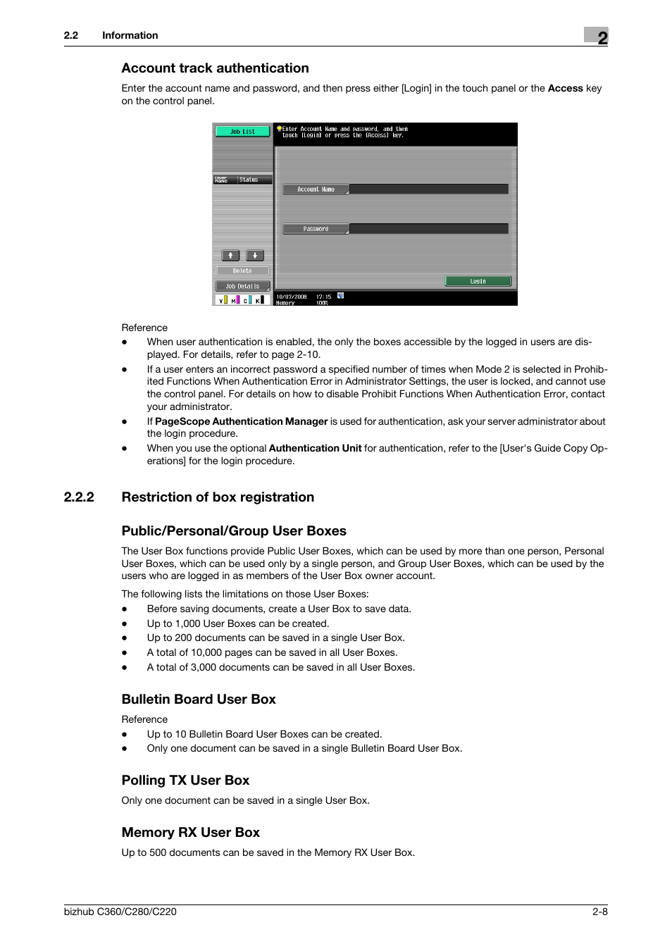 Account track authentication, 2 restriction of box registration, Public/personal/group user boxes | Bulletin board user box, Polling tx user box, Memory rx user box, Account track authentication -8 | Konica Minolta BIZHUB C360 User Manual | Page 25 / 292