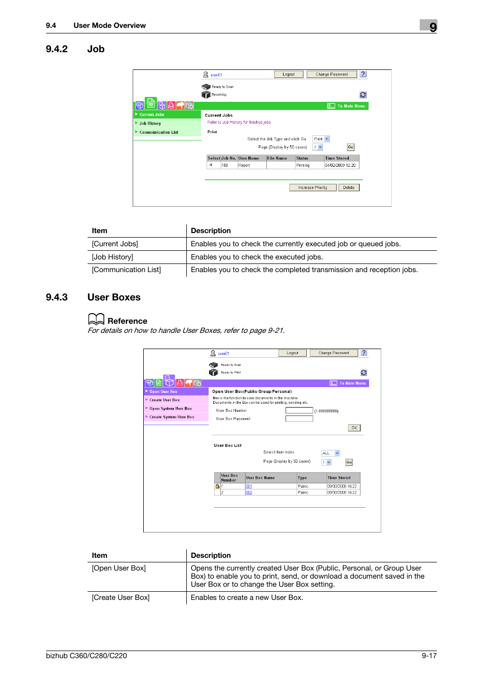 2 job, 3 user boxes, Job -17 | User boxes -17 | Konica Minolta BIZHUB C360 User Manual | Page 253 / 292