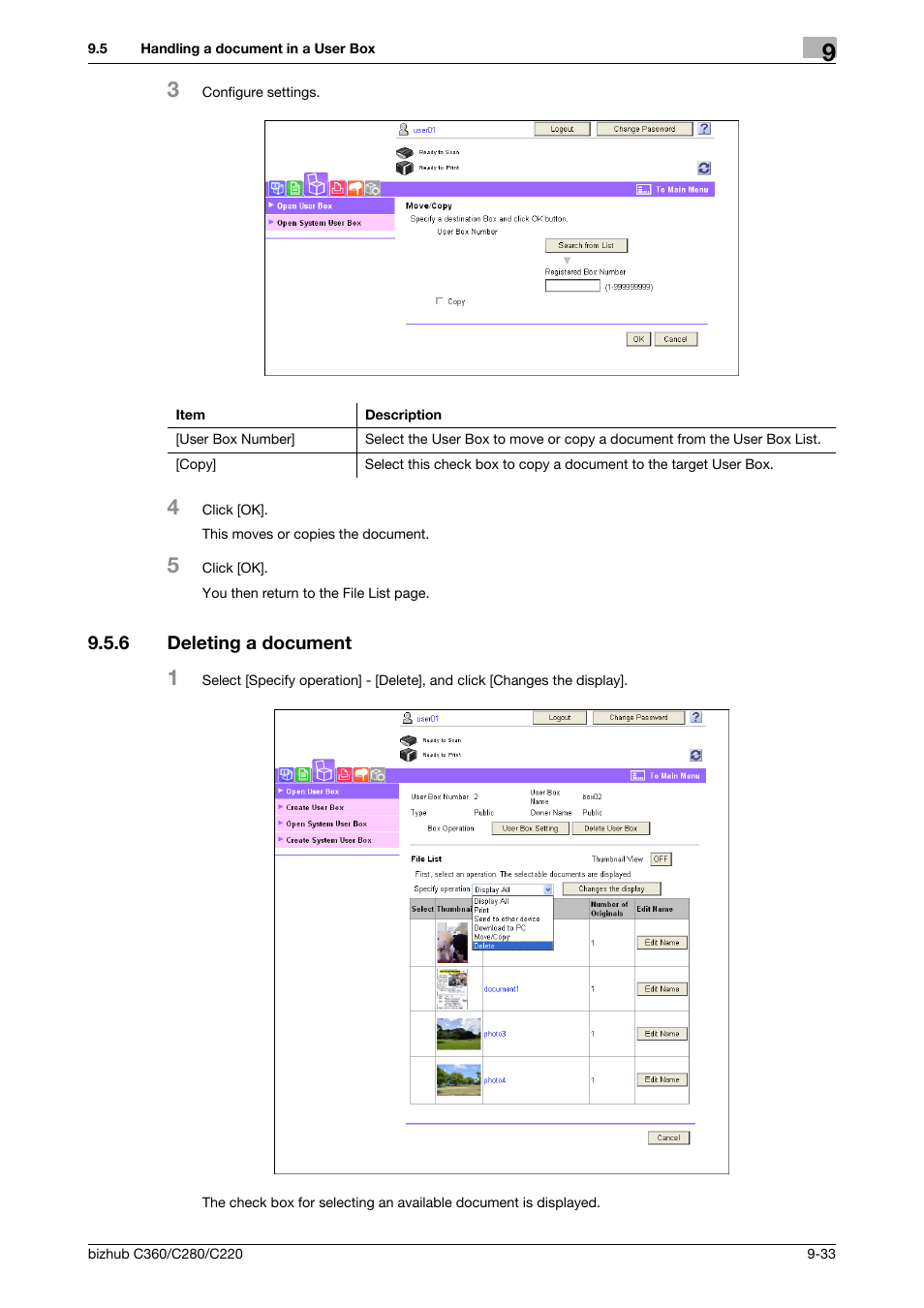 6 deleting a document, Deleting a document -33 | Konica Minolta BIZHUB C360 User Manual | Page 269 / 292