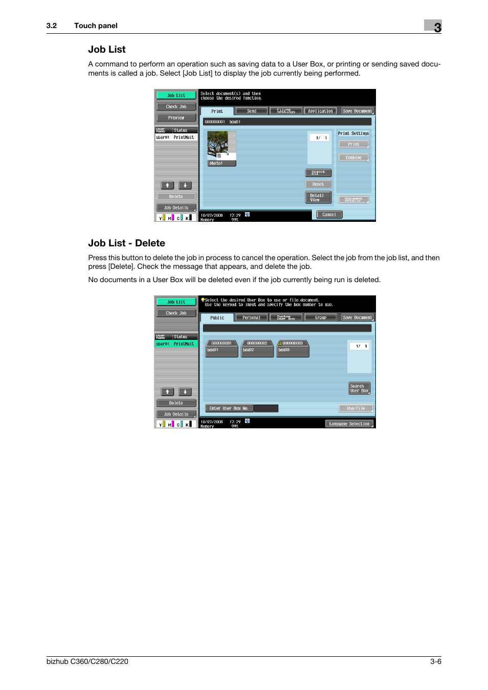 Job list, Job list - delete, Job list -6 | Job list - delete -6 | Konica Minolta BIZHUB C360 User Manual | Page 36 / 292