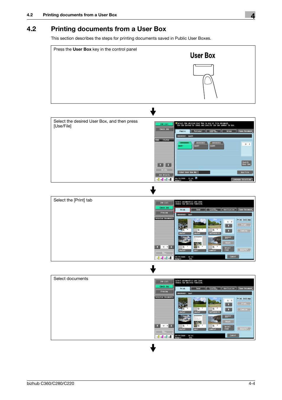 2 printing documents from a user box, Printing documents from a user box -4 | Konica Minolta BIZHUB C360 User Manual | Page 51 / 292