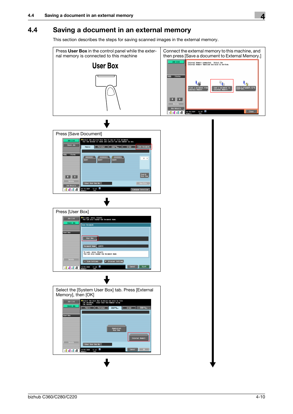 4 saving a document in an external memory, Saving a document in an external memory -10 | Konica Minolta BIZHUB C360 User Manual | Page 57 / 292