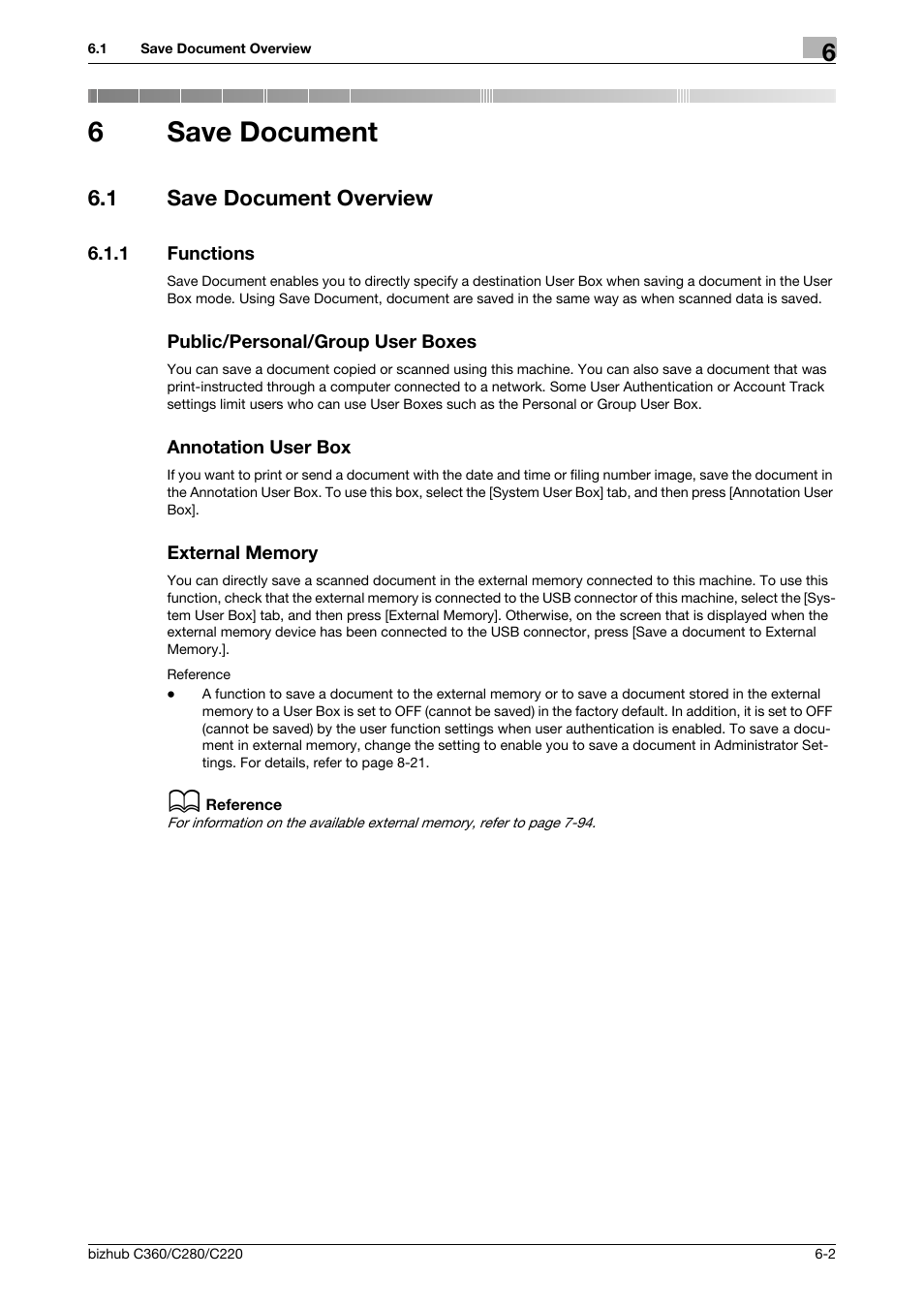 6 save document, 1 save document overview, 1 functions | Public/personal/group user boxes, Annotation user box, External memory, Save document, Save document overview -2, P. 6-2, 6save document | Konica Minolta BIZHUB C360 User Manual | Page 88 / 292