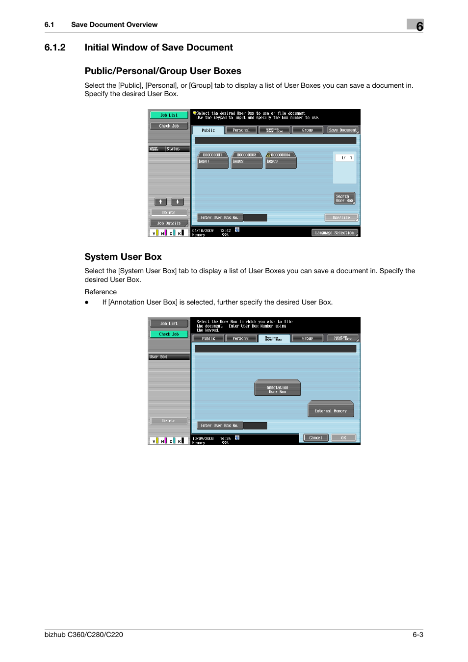 2 initial window of save document, Public/personal/group user boxes, System user box | Konica Minolta BIZHUB C360 User Manual | Page 89 / 292