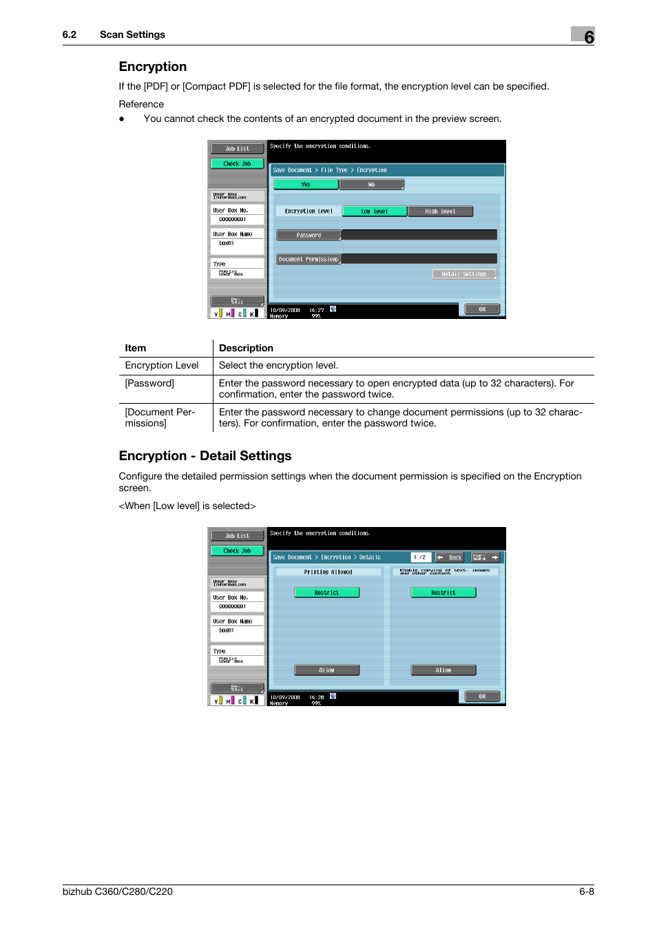 Encryption, Encryption - detail settings, Encryption -8 encryption - detail settings -8 | Encryption] (p. 6-8), P. 6-8) | Konica Minolta BIZHUB C360 User Manual | Page 94 / 292