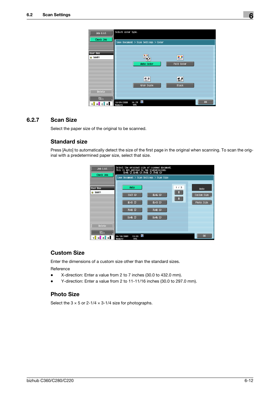 7 scan size, Standard size, Custom size | Photo size, Can size] (p. 6-12), Scan size] (p. 6-12) | Konica Minolta BIZHUB C360 User Manual | Page 98 / 292