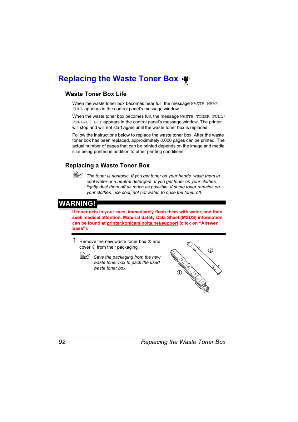 Replacing the waste toner box, Replacing the waste toner box 92, Warning | Konica Minolta Magicolor 7300 User Manual | Page 100 / 250