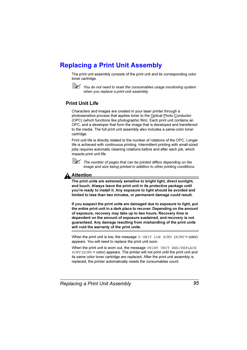 Replacing a print unit assembly, Replacing a print unit assembly 95, Print unit life | Konica Minolta Magicolor 7300 User Manual | Page 103 / 250