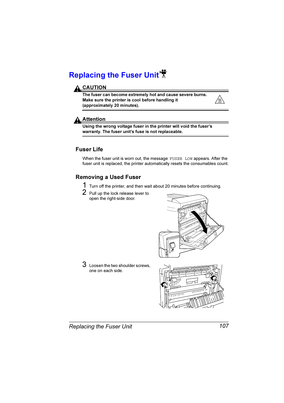 Replacing the fuser unit, Replacing the fuser unit 107, Fuser life 107 removing a used fuser 107 | Konica Minolta Magicolor 7300 User Manual | Page 115 / 250