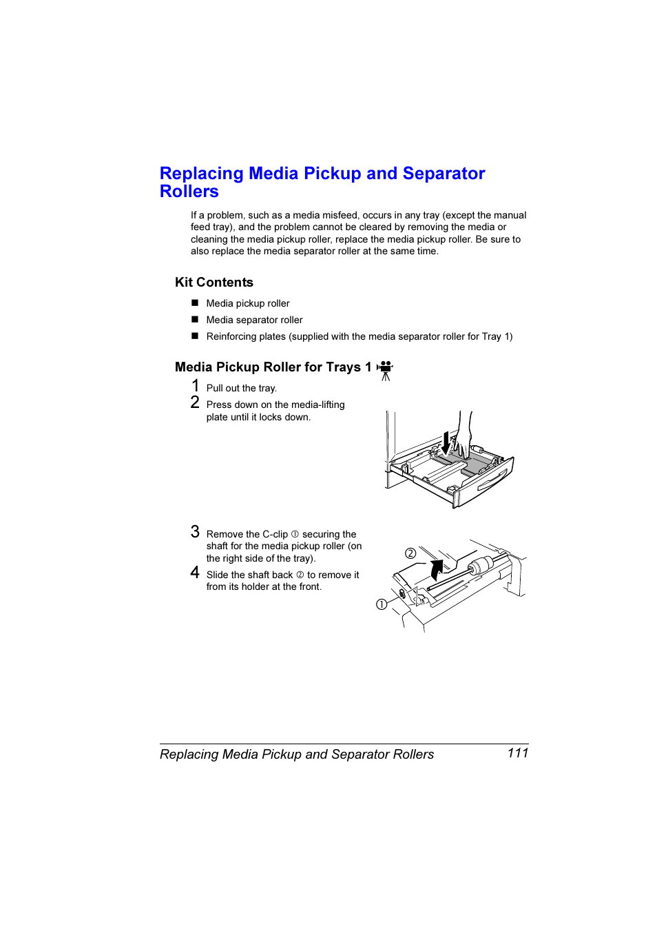 Replacing media pickup and separator rollers, Replacing media pickup and separator rollers 111 | Konica Minolta Magicolor 7300 User Manual | Page 119 / 250