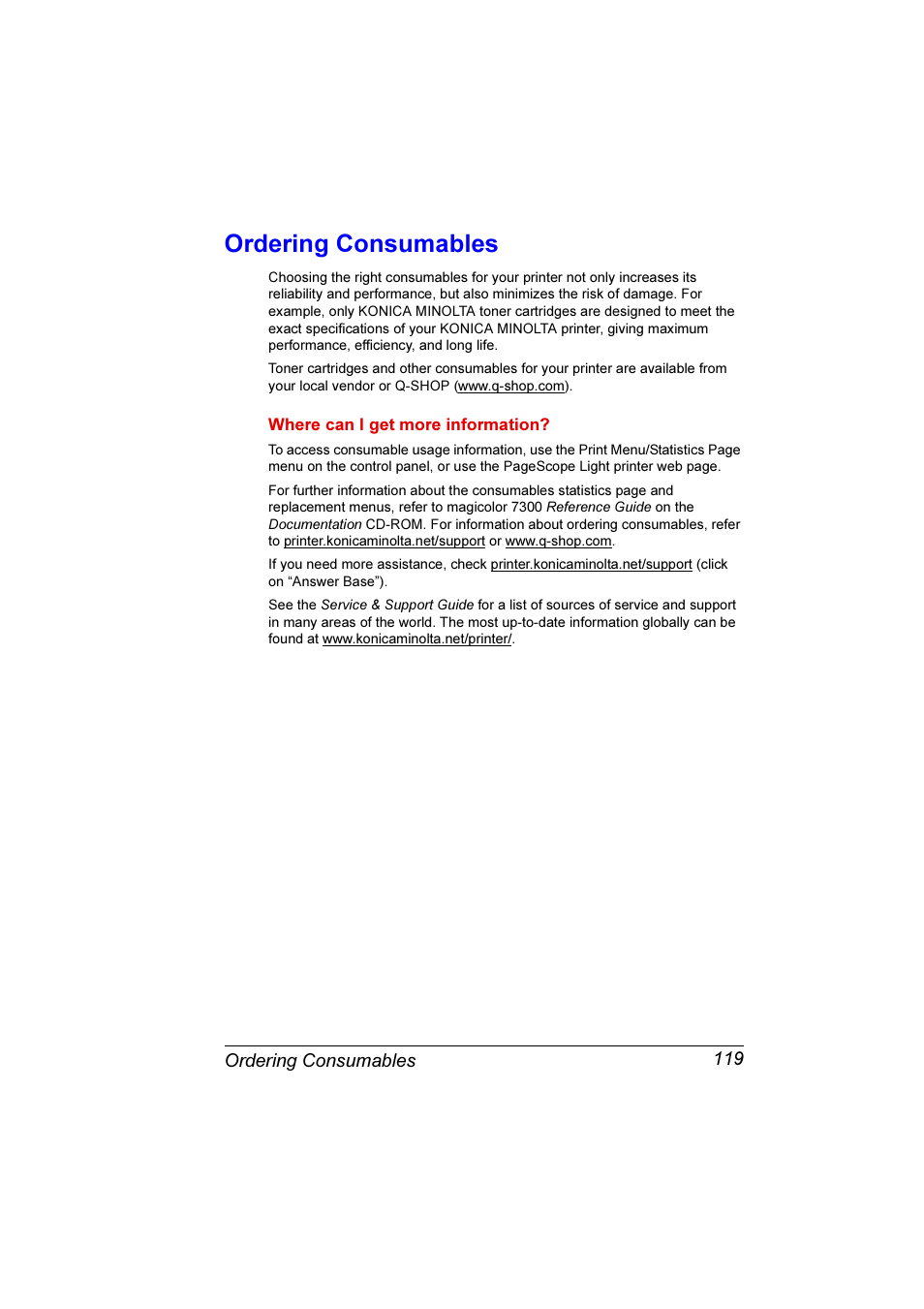 Ordering consumables, Ordering consumables 119 | Konica Minolta Magicolor 7300 User Manual | Page 127 / 250