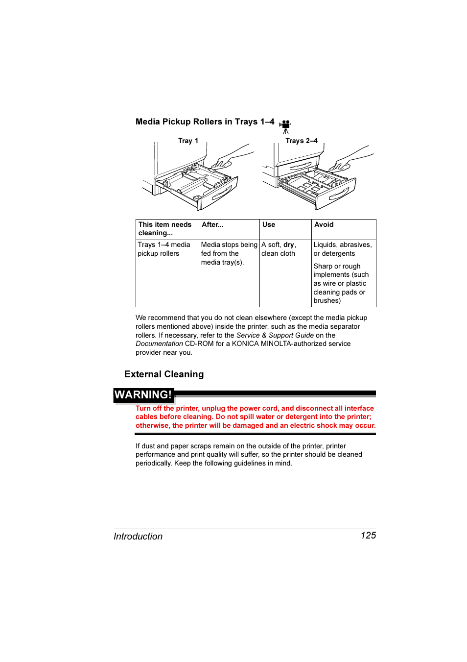 External cleaning 125, Warning, Introduction 125 | External cleaning | Konica Minolta Magicolor 7300 User Manual | Page 133 / 250