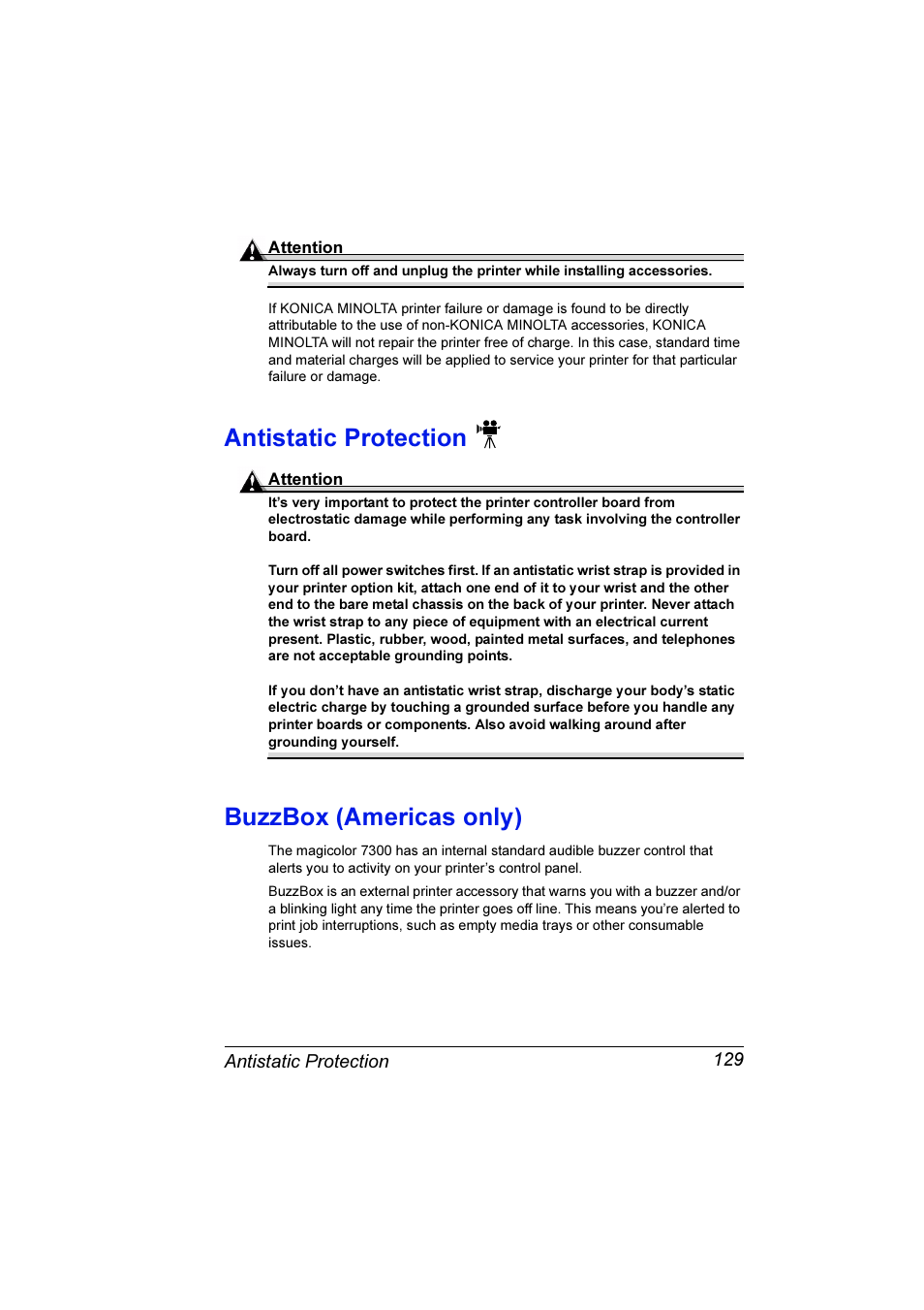 Antistatic protection, Buzzbox (americas only) | Konica Minolta Magicolor 7300 User Manual | Page 137 / 250
