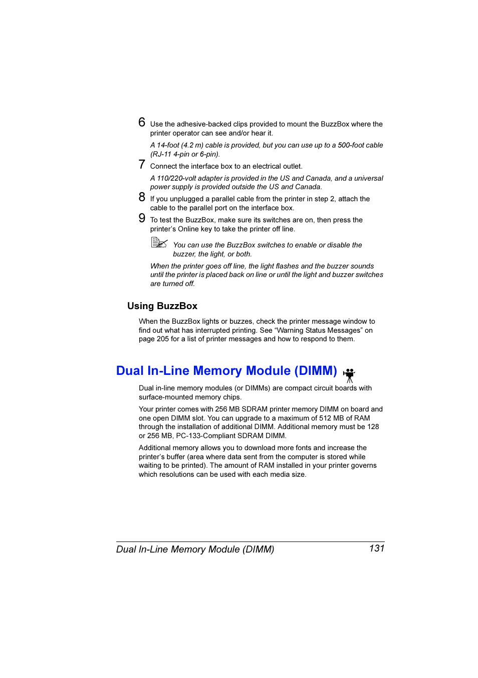 Dual in-line memory module (dimm), Using buzzbox 131, Dual in-line memory module (dimm) 131 | Konica Minolta Magicolor 7300 User Manual | Page 139 / 250